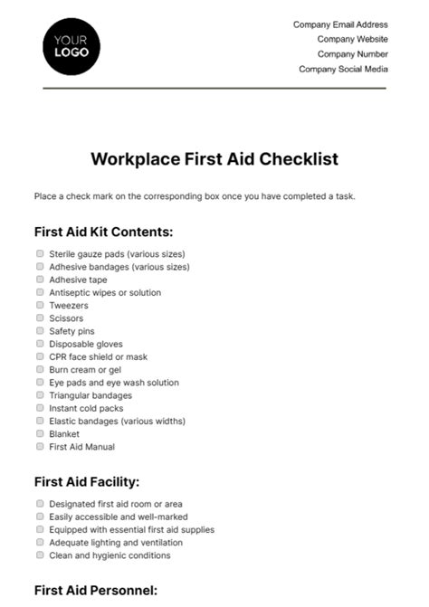 First Aid Kit Checklist Template