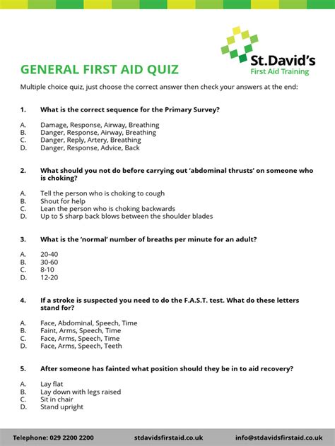 First Aid Quiz Questions And Answers Printable Uk