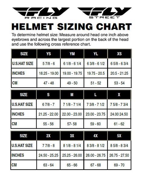 Fly Helmet Size Chart
