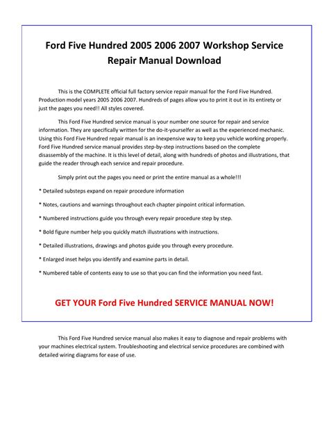 Ford Five Hundred 2005 2007 Service Repair Workshop Manual