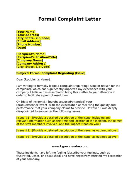 Formal Complaint Letter Template