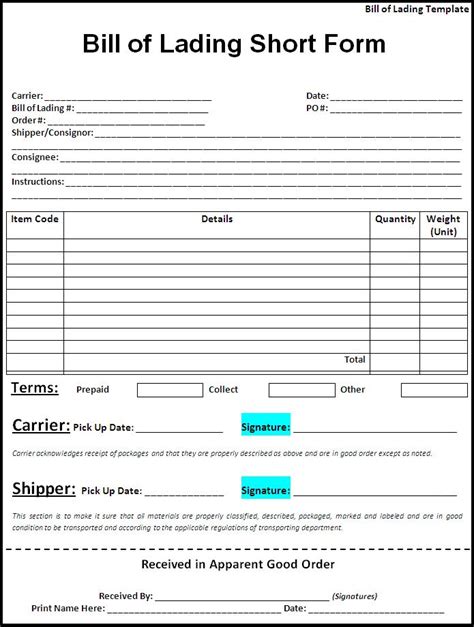 Free Bill Of Lading Template Excel