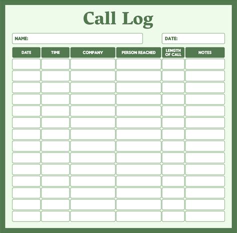 Free Call Log Template