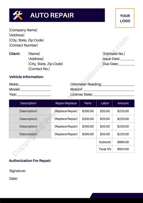 Free Car Repair Estimate Template