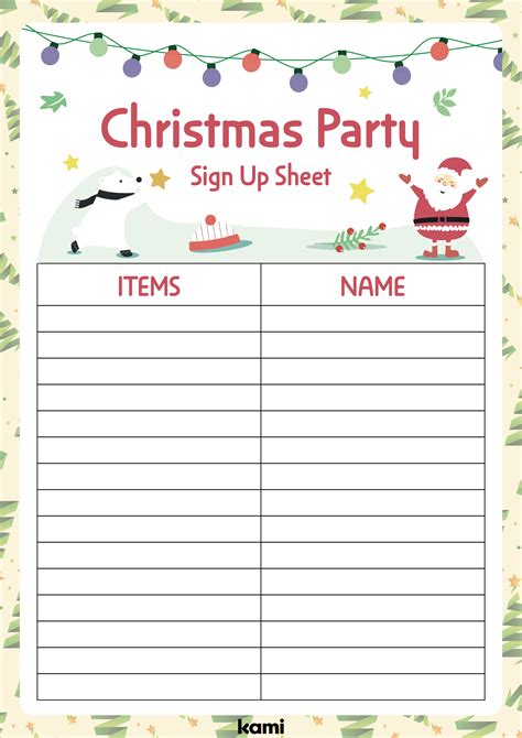 Free Christmas Party Sign Up Sheet Template