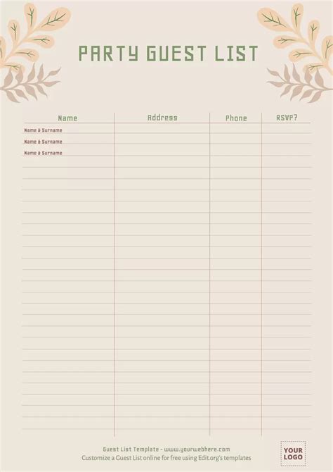 Free Editable Guest List Template
