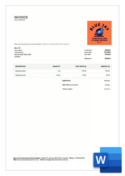 Free Invoice Template Australia