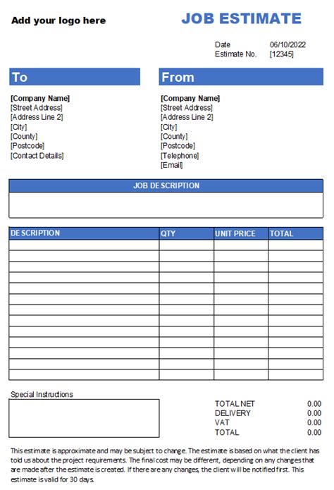 Free Job Estimate Template