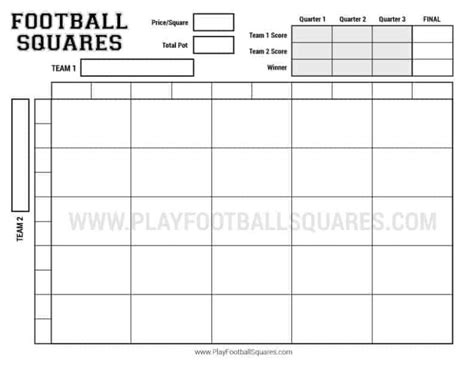 Free Printable 25 Square Football Board