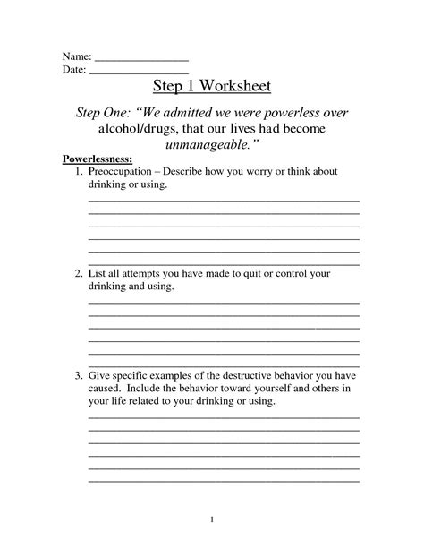 Free Printable Aa 12 Step Worksheets