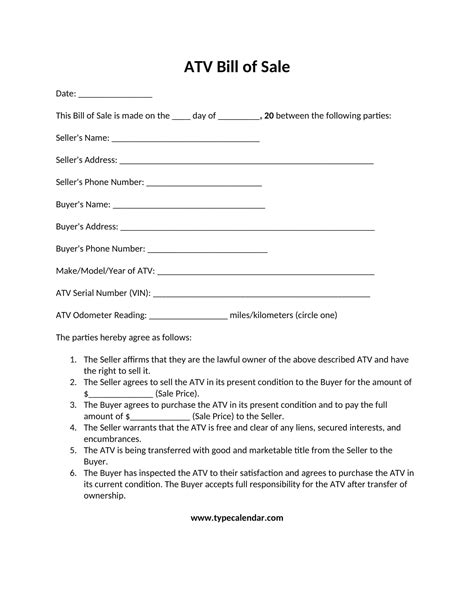 Free Printable Atv Bill Of Sale
