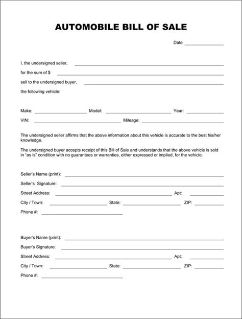 Free Printable Automobile Bill Of Sale Form