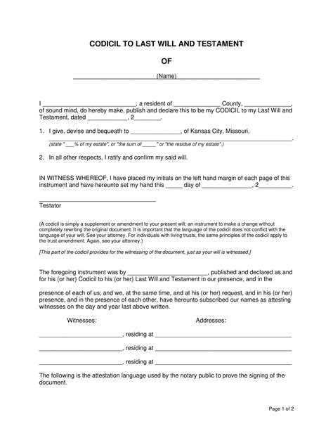 Free Printable Codicil Form