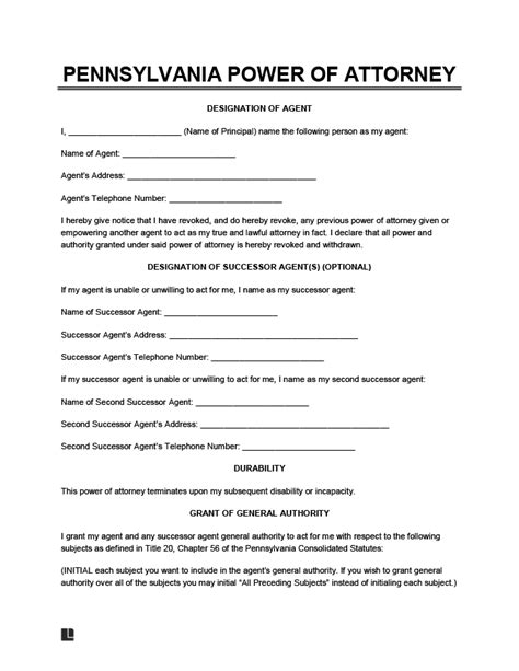 Free Printable Durable Power Of Attorney Form Pa