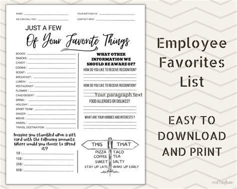 Free Printable Employee Favorite Things List
