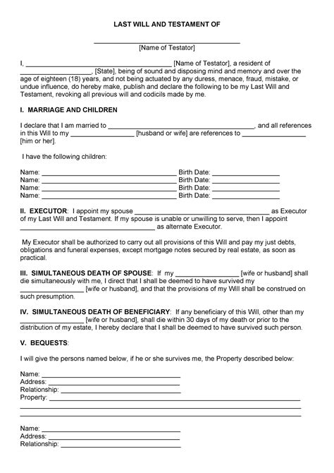 Free Printable Forms For Last Will And Testament