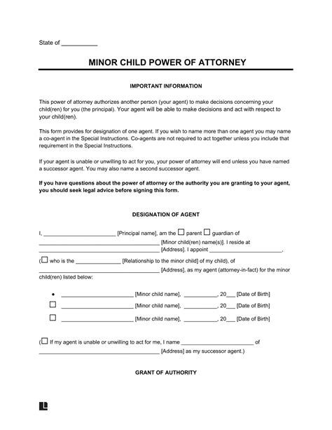 Free Printable Power Of Attorney For Minor Child