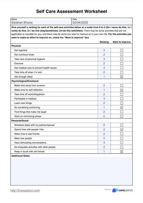 Free Printable Self Care Assessment Worksheet