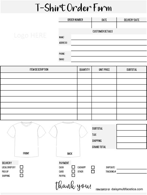 Free Printable Shirt Order Forms