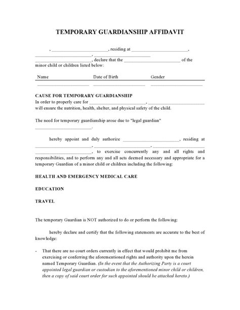 Free Printable Temporary Guardianship Form