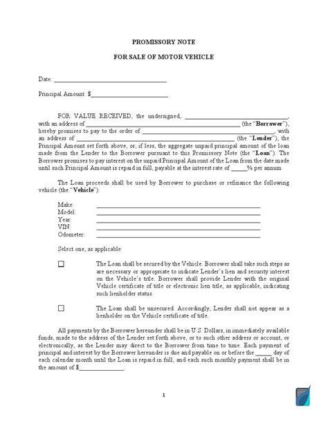 Free Promissory Note Template For A Vehicle