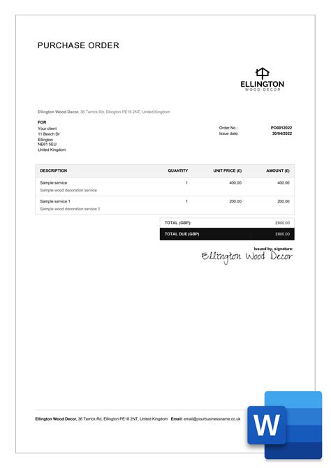Free Purchase Order Template Word