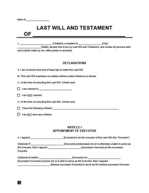 Free Template For Last Will And Testament