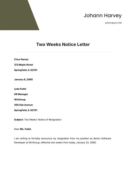 Free Two Weeks Notice Letter Template
