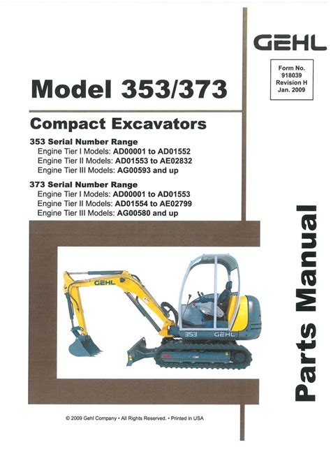 Gehl 353 373 Compact Excavator Parts Manual
