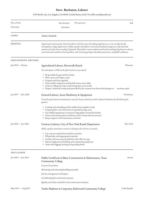 General Labor Resume Template