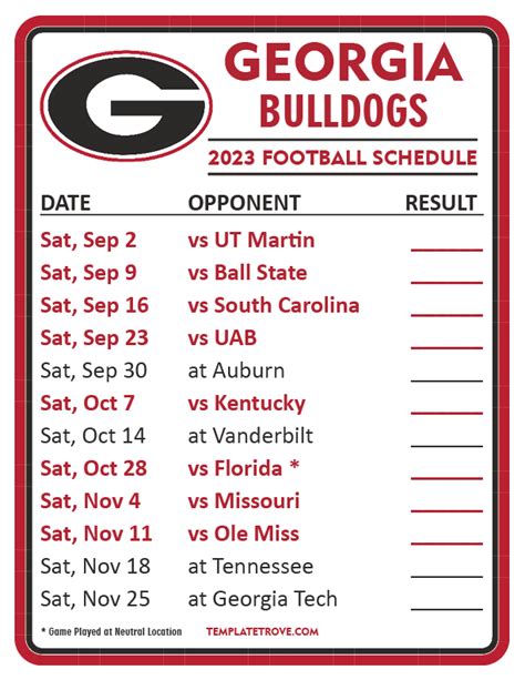 Georgia Bulldogs Printable Schedule