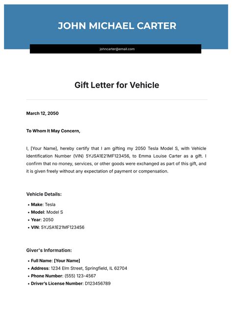 Gift Letter Template For Vehicle
