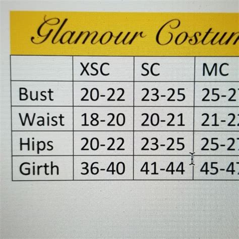 Glamour Costumes Size Chart