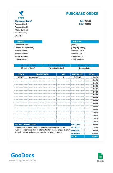 Google Sheets Purchase Order Template