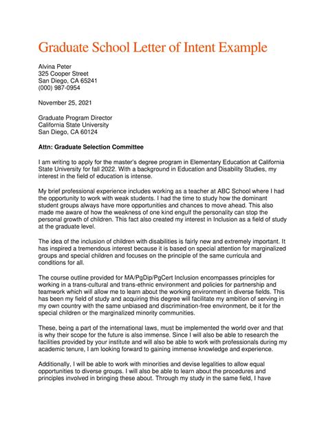 Graduate Letter Of Intent Template