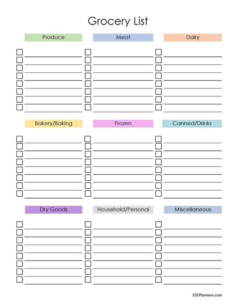 Grocery List Template Free