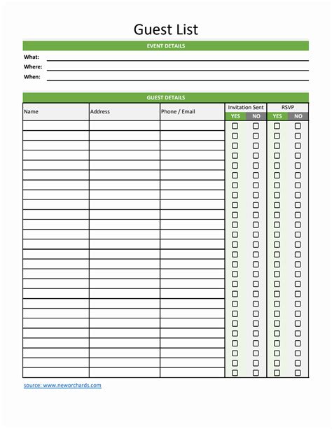 Guest List Excel Template