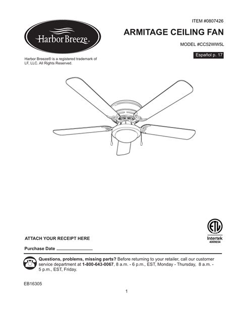 Harbor Breeze Ceiling Fan Manual Cc52wwsc