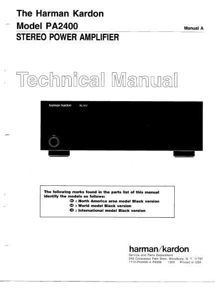 Harman Kardon Pa2400 Stereo Power Amplifier Service Manual