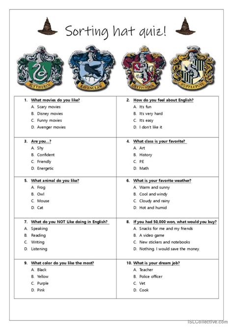 Harry Potter Sorting Hat Quiz Printable