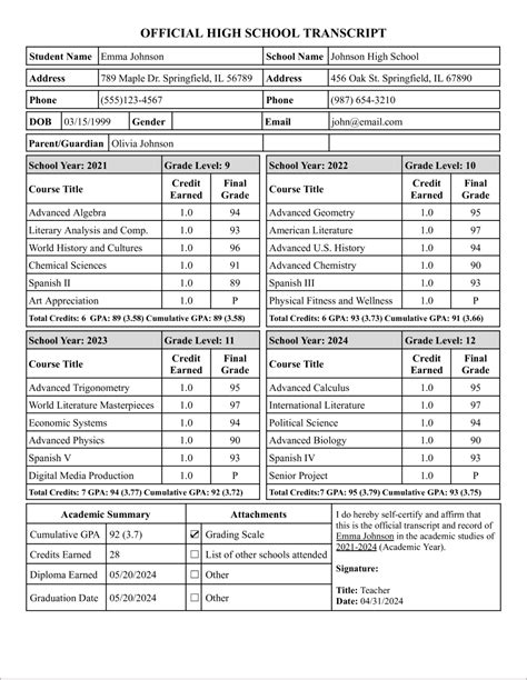 High School Transcript Template Free
