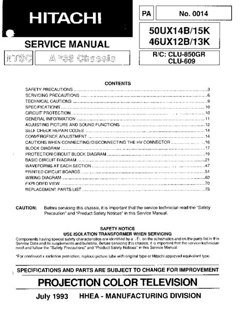 Hitachi 46ux12b 46ux13k 50ux14b 50ux15k Service Manual