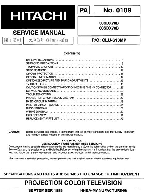 Hitachi 50sbx78b 60sbx78b Service Manual