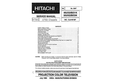 Hitachi 50ux22b 23k Projection Color Television Repair Manual