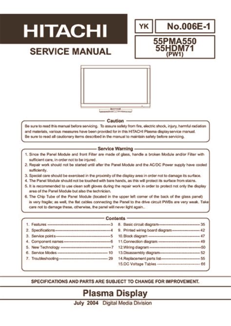 Hitachi 55pma550 55hdm71 Plasma Display Repair Manual