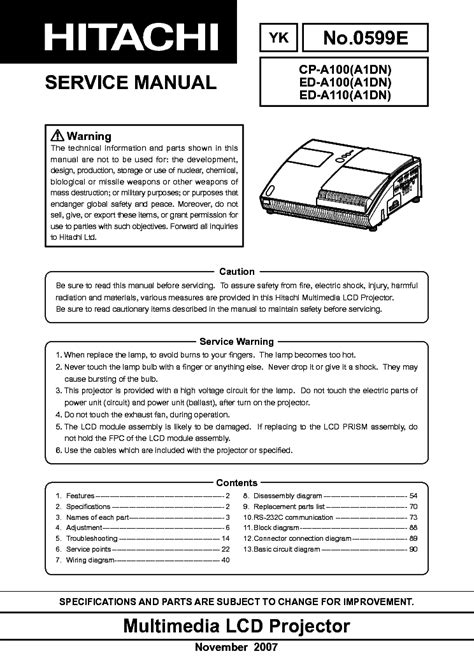 Hitachi Cp A100 Ed A100 Ed A110 Service Manual Repair Guide