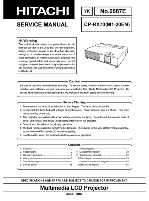 Hitachi Cp Rx70 Multimedia Lcd Projector Service Manual