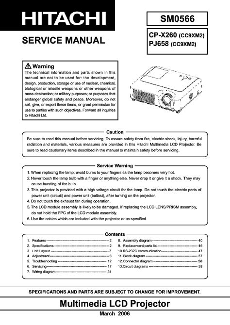Hitachi Cp X260 Multimedia Lcd Projector Service Manual