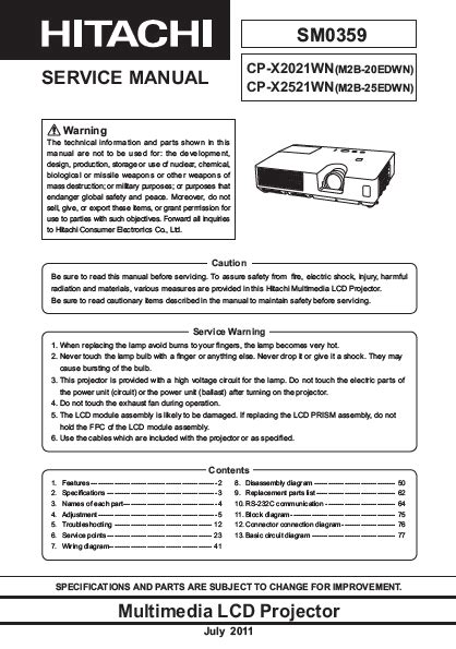 Hitachi Cp X505 Multimedia Lcd Projector Service Manual