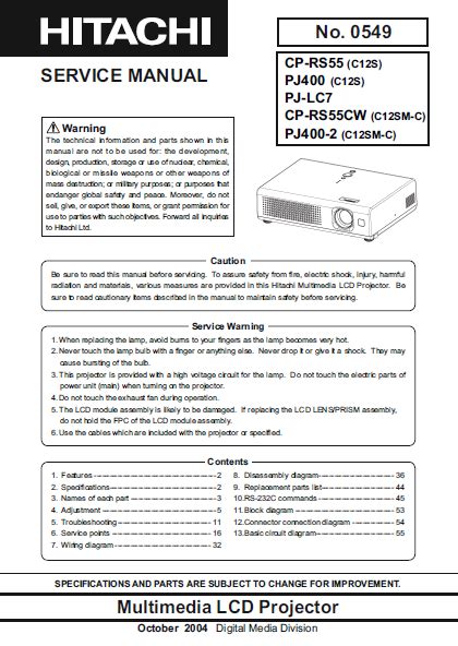 Hitachi Hdpj52 Multimedia Lcd Projector Service Manual